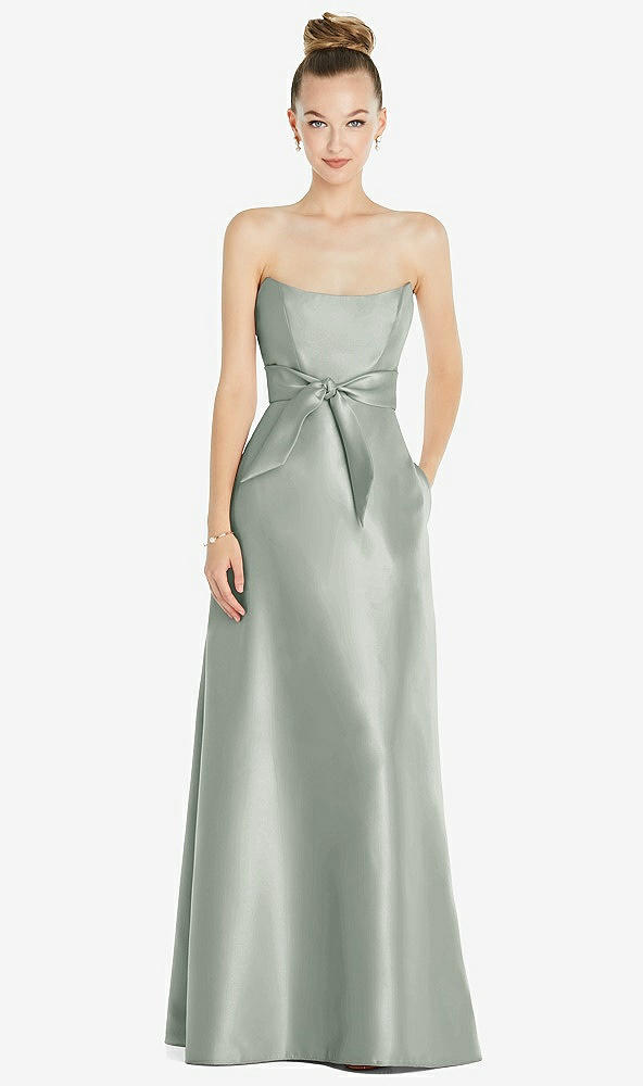 Front View - Willow Green Basque-Neck Strapless Satin Gown with Mini Sash