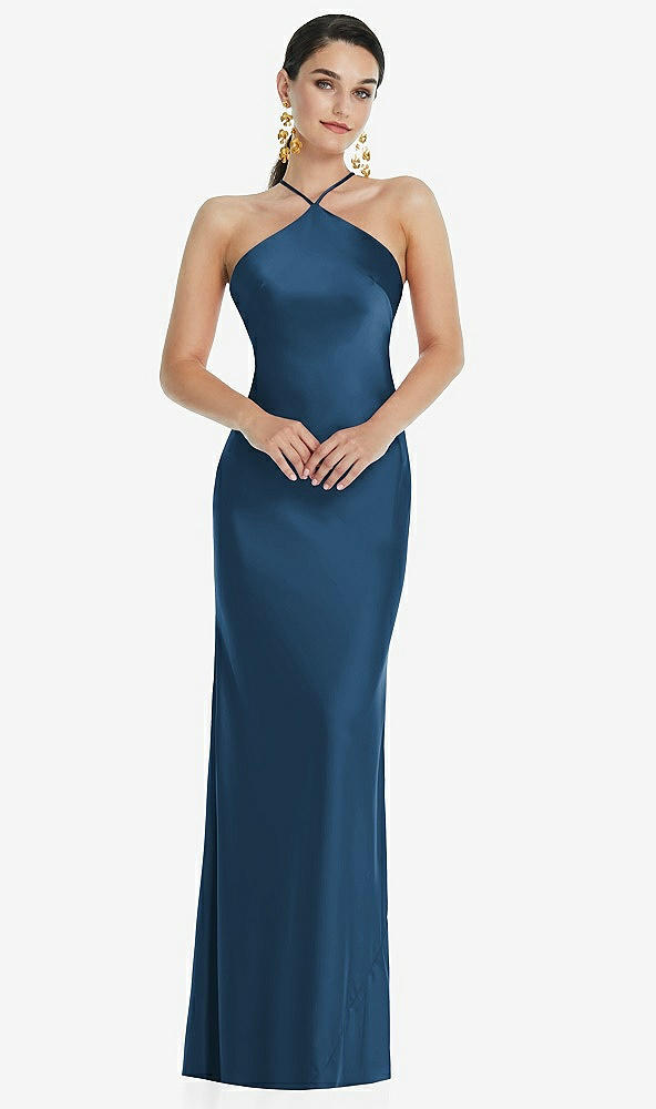 Front View - Dusk Blue Diamond Halter Bias Maxi Slip Dress with Convertible Straps