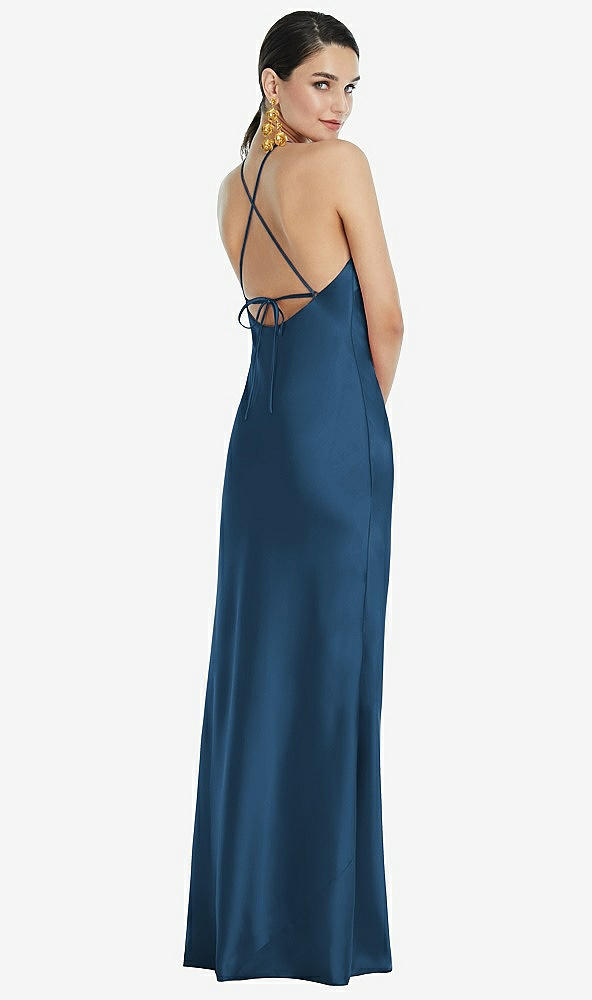Back View - Dusk Blue Diamond Halter Bias Maxi Slip Dress with Convertible Straps