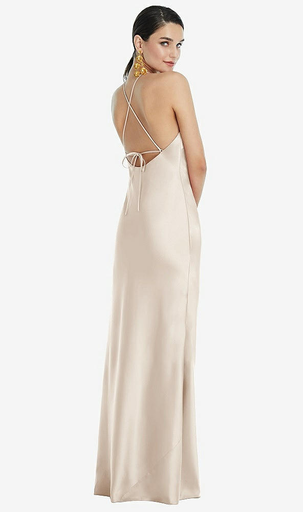 Back View - Oat Diamond Halter Bias Maxi Slip Dress with Convertible Straps