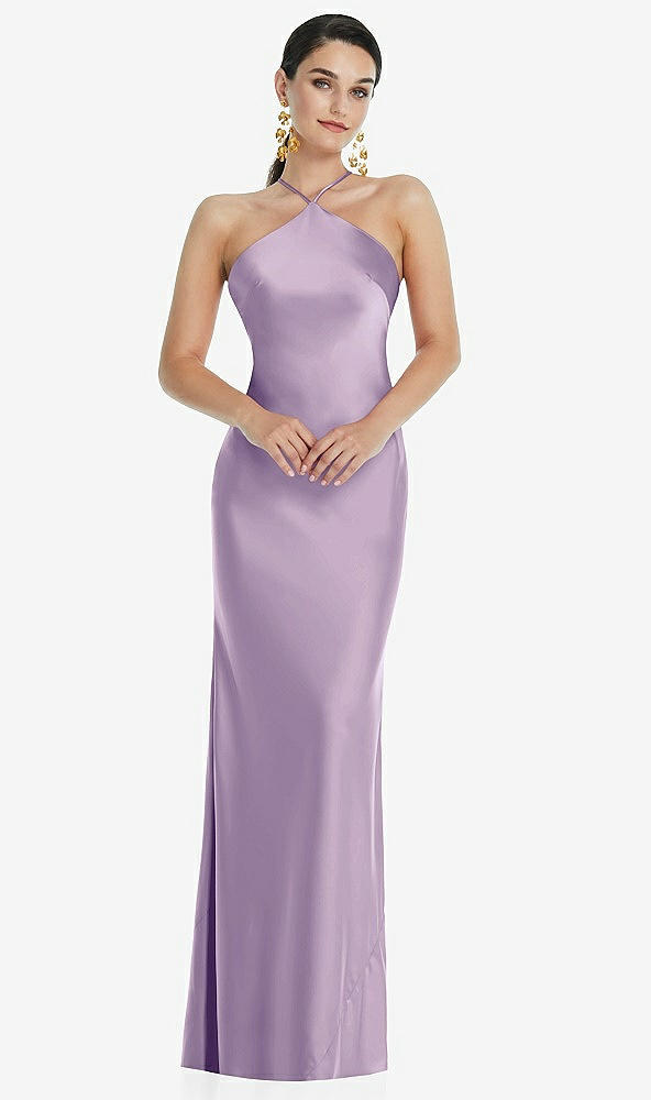 Front View - Pale Purple Diamond Halter Bias Maxi Slip Dress with Convertible Straps