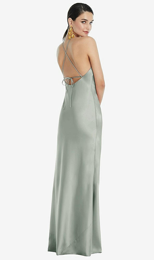 Back View - Willow Green Diamond Halter Bias Maxi Slip Dress with Convertible Straps