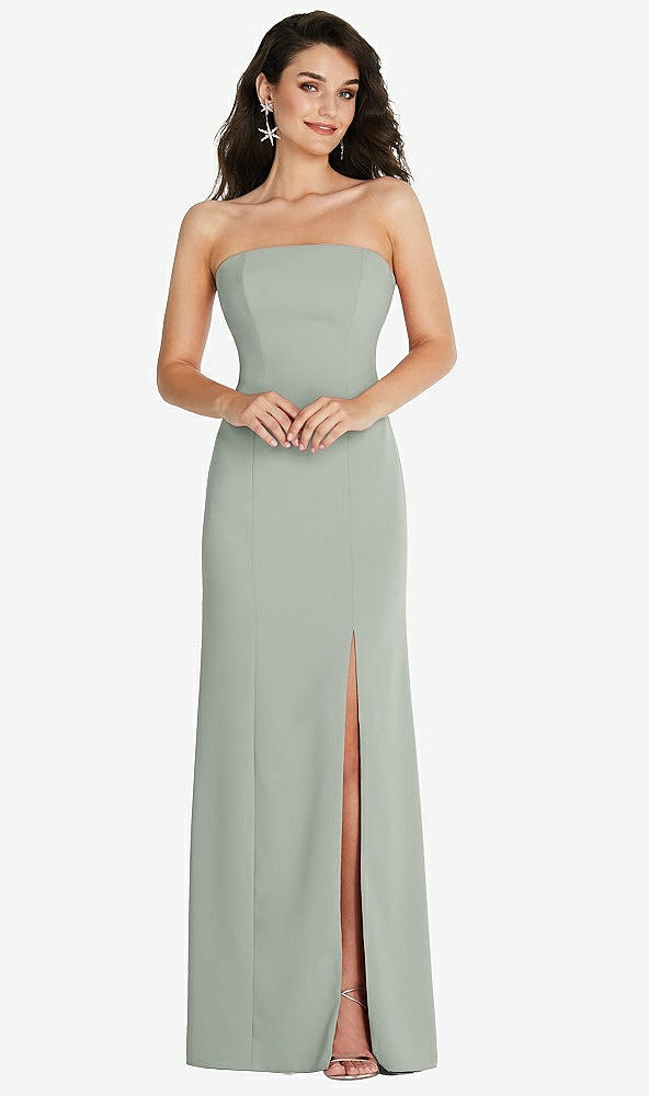 Front View - Willow Green Strapless Scoop Back Maxi Dress with Front Slit