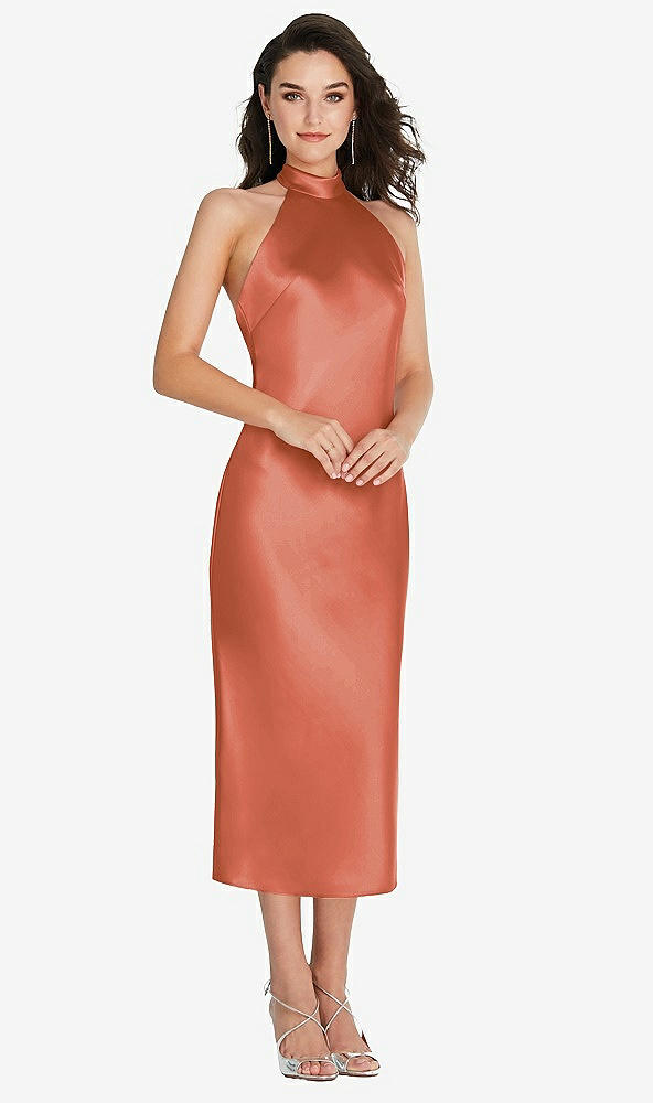 Front View - Terracotta Copper Scarf Tie High-Neck Halter Midi Slip Dress