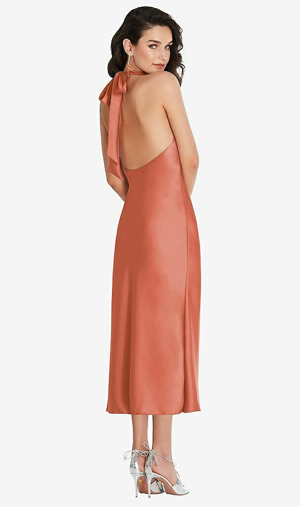 Back View - Terracotta Copper Scarf Tie High-Neck Halter Midi Slip Dress