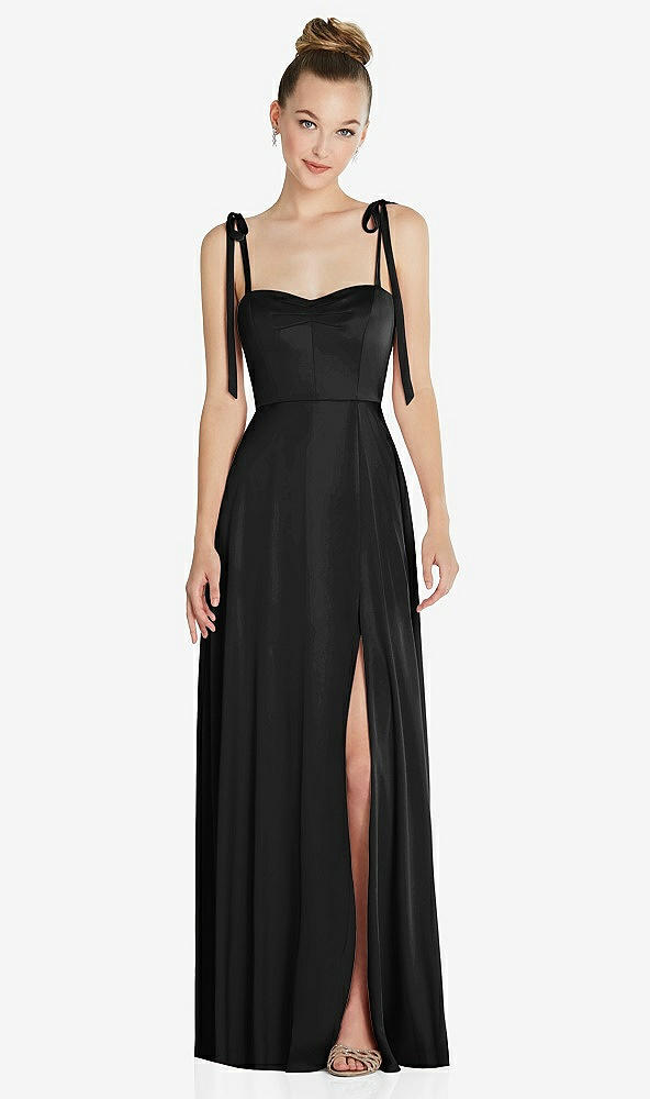 Front View - Black Tie Shoulder A-Line Maxi Dress