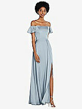 Front View Thumbnail - Mist Straight-Neck Ruffled Off-the-Shoulder Satin Maxi Dress