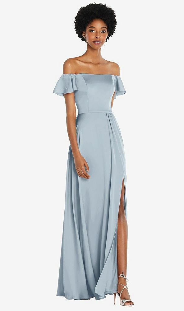 Front View - Mist Straight-Neck Ruffled Off-the-Shoulder Satin Maxi Dress