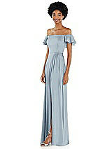 Side View Thumbnail - Mist Straight-Neck Ruffled Off-the-Shoulder Satin Maxi Dress