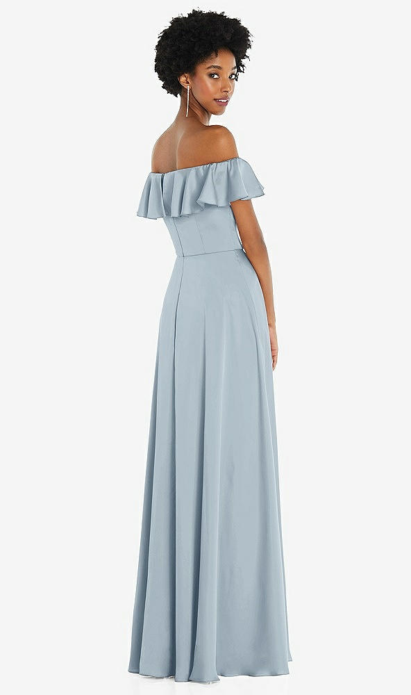 Back View - Mist Straight-Neck Ruffled Off-the-Shoulder Satin Maxi Dress