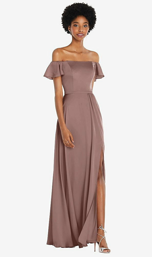 Front View - Sienna Straight-Neck Ruffled Off-the-Shoulder Satin Maxi Dress