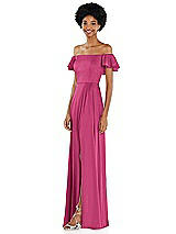 Side View Thumbnail - Tea Rose Straight-Neck Ruffled Off-the-Shoulder Satin Maxi Dress