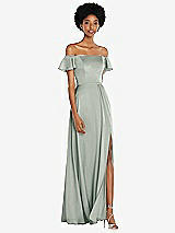 Front View Thumbnail - Willow Green Straight-Neck Ruffled Off-the-Shoulder Satin Maxi Dress