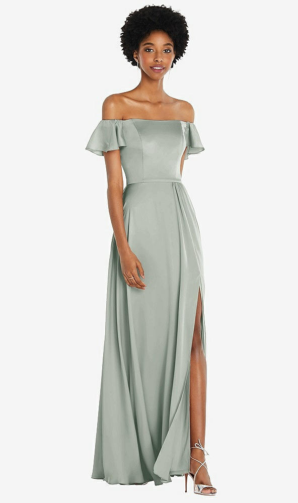 Front View - Willow Green Straight-Neck Ruffled Off-the-Shoulder Satin Maxi Dress