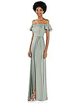 Side View Thumbnail - Willow Green Straight-Neck Ruffled Off-the-Shoulder Satin Maxi Dress