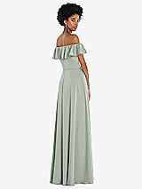 Rear View Thumbnail - Willow Green Straight-Neck Ruffled Off-the-Shoulder Satin Maxi Dress