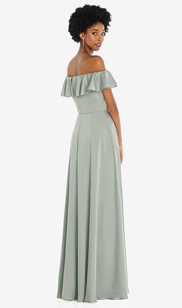 Back View - Willow Green Straight-Neck Ruffled Off-the-Shoulder Satin Maxi Dress