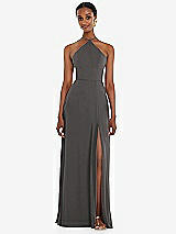 Front View Thumbnail - Caviar Gray Diamond Halter Maxi Dress with Adjustable Straps