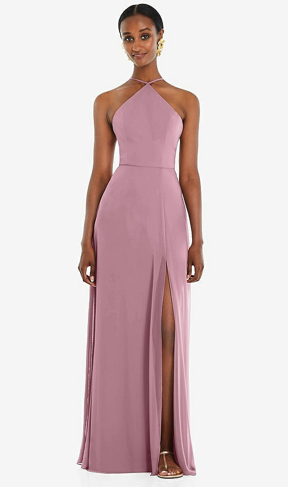 Front View - Dusty Pink Diamond Halter Maxi Dress with Adjustable Straps