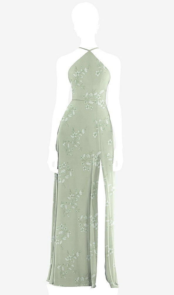 Front View - Vintage Primrose Sage Diamond Halter Maxi Dress with Adjustable Straps