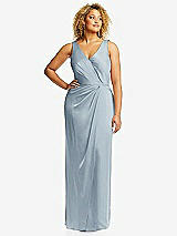 Front View Thumbnail - Mist Faux Wrap Whisper Satin Maxi Dress with Draped Tulip Skirt