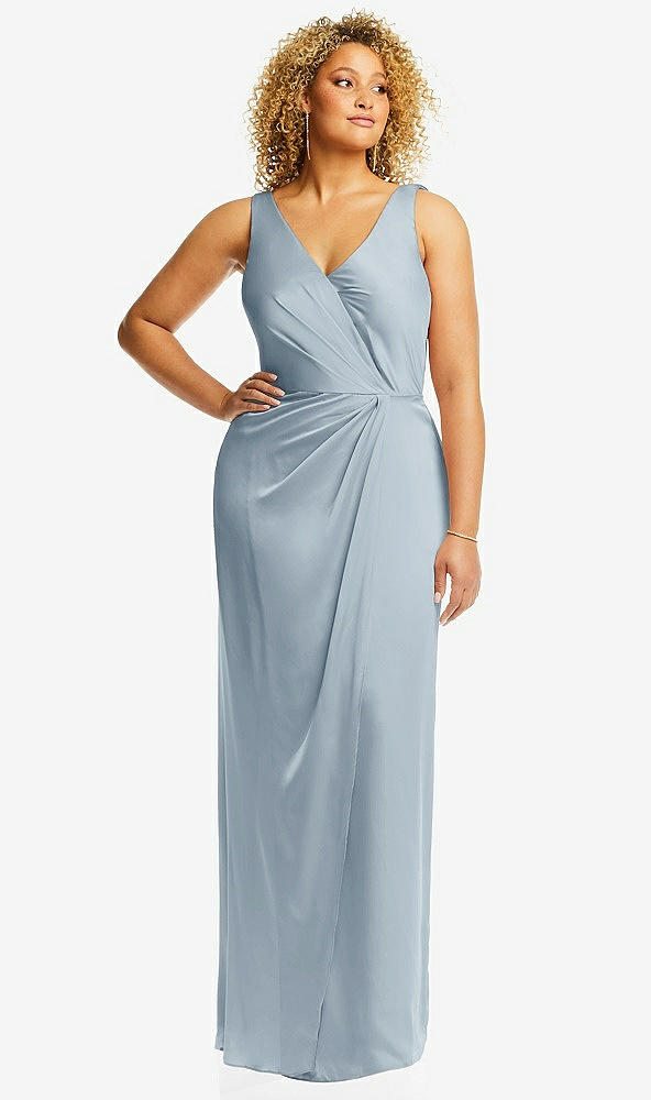 Front View - Mist Faux Wrap Whisper Satin Maxi Dress with Draped Tulip Skirt