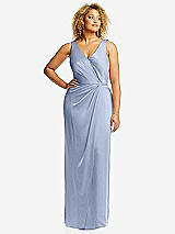 Front View Thumbnail - Sky Blue Faux Wrap Whisper Satin Maxi Dress with Draped Tulip Skirt