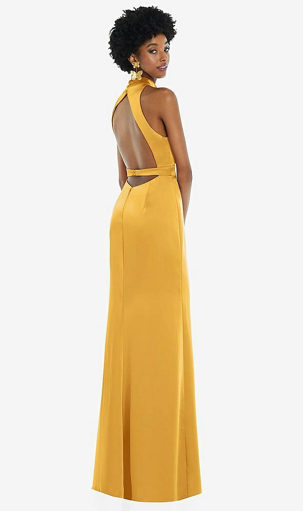 Front View - NYC Yellow High Neck Backless Maxi Dress with Slim Belt