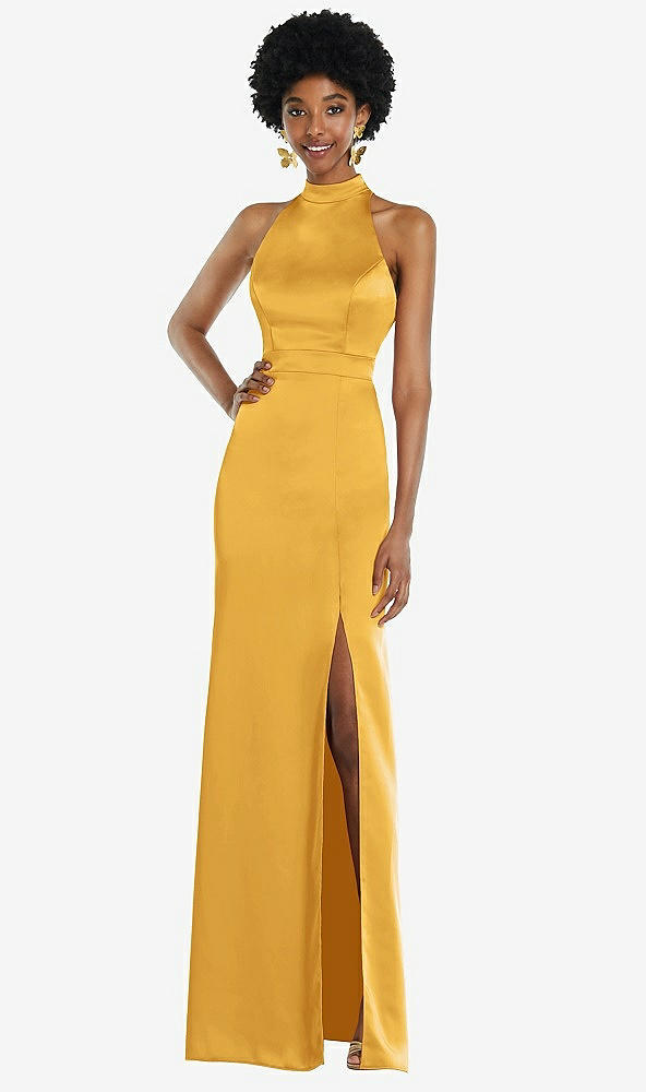 Back View - NYC Yellow High Neck Backless Maxi Dress with Slim Belt