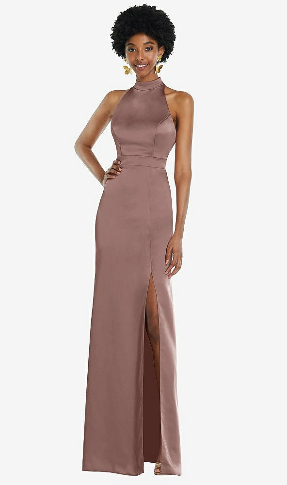 Back View - Sienna High Neck Backless Maxi Dress with Slim Belt