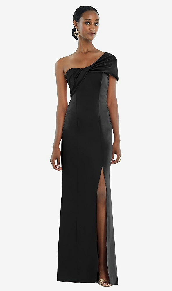 Front View - Black Twist Cuff One-Shoulder Princess Line Trumpet Gown