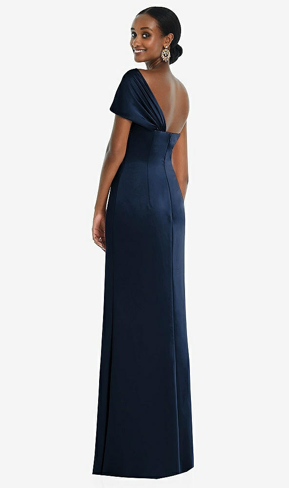 Back View - Midnight Navy Twist Cuff One-Shoulder Princess Line Trumpet Gown