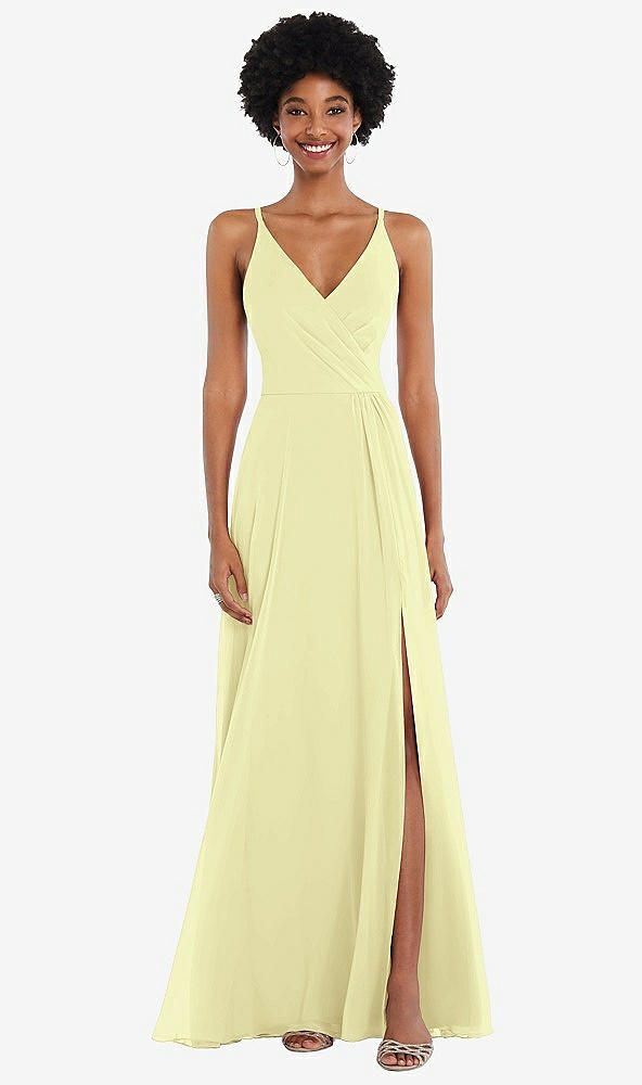 Front View - Butter Yellow Faux Wrap Criss Cross Back Maxi Dress with Adjustable Straps