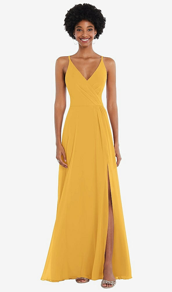 Front View - NYC Yellow Faux Wrap Criss Cross Back Maxi Dress with Adjustable Straps