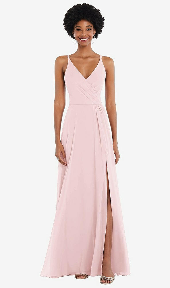 Front View - Ballet Pink Faux Wrap Criss Cross Back Maxi Dress with Adjustable Straps