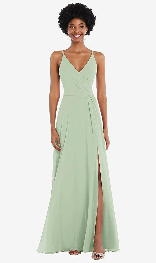 Front View - Celadon Faux Wrap Criss Cross Back Maxi Dress with Adjustable Straps