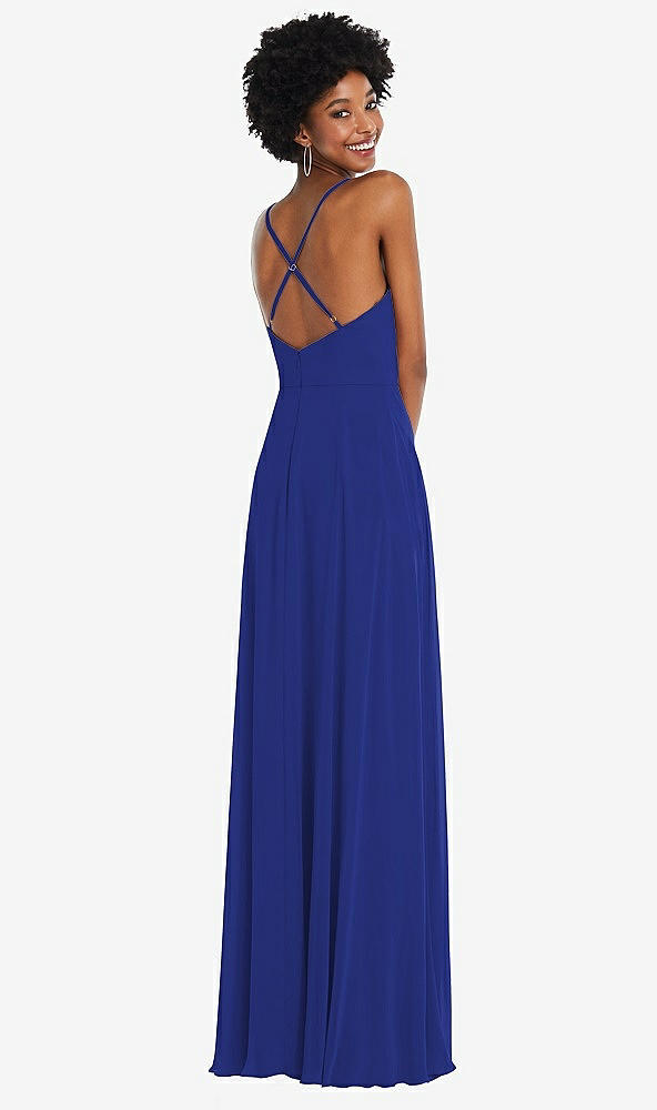 Back View - Cobalt Blue Faux Wrap Criss Cross Back Maxi Dress with Adjustable Straps