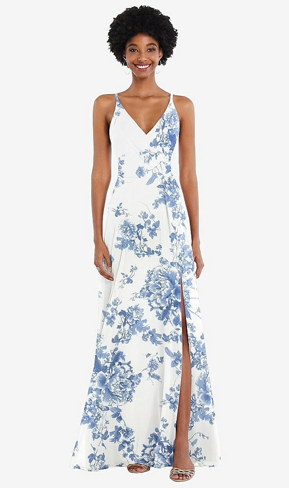 Front View - Cottage Rose Dusk Blue Faux Wrap Criss Cross Back Maxi Dress with Adjustable Straps