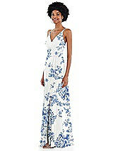 Side View Thumbnail - Cottage Rose Dusk Blue Faux Wrap Criss Cross Back Maxi Dress with Adjustable Straps