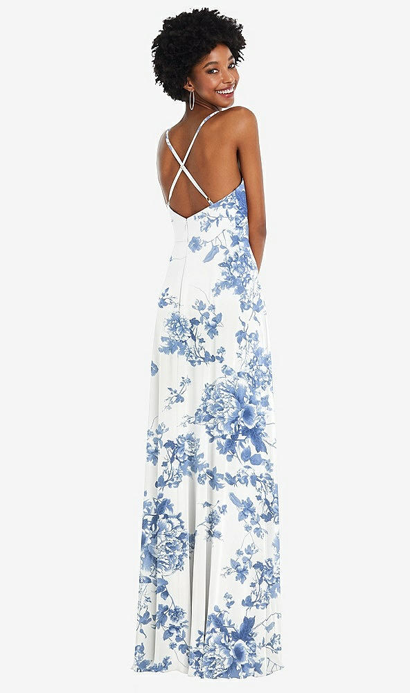 Back View - Cottage Rose Dusk Blue Faux Wrap Criss Cross Back Maxi Dress with Adjustable Straps