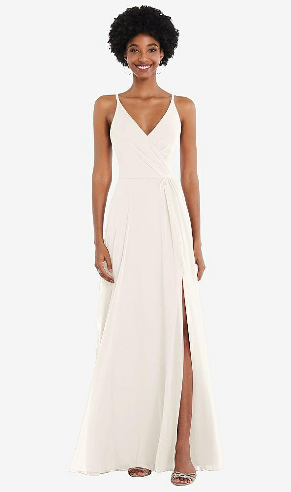 Front View - Ivory Faux Wrap Criss Cross Back Maxi Dress with Adjustable Straps