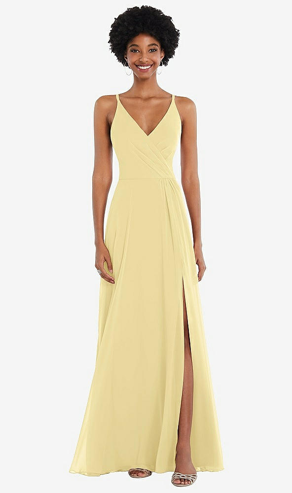 Front View - Pale Yellow Faux Wrap Criss Cross Back Maxi Dress with Adjustable Straps