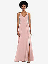 Front View Thumbnail - Rose - PANTONE Rose Quartz Faux Wrap Criss Cross Back Maxi Dress with Adjustable Straps