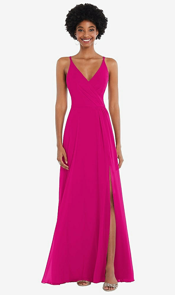 Front View - Think Pink Faux Wrap Criss Cross Back Maxi Dress with Adjustable Straps