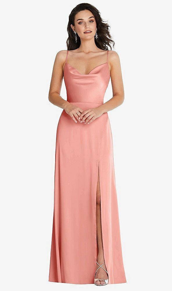 Front View - Rose - PANTONE Rose Quartz Cowl-Neck A-Line Maxi Dress with Adjustable Straps