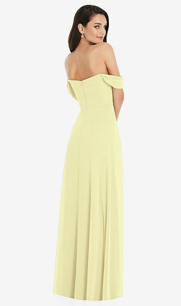 Back View - Butter Yellow Off-the-Shoulder Draped Sleeve Maxi Dress with Front Slit