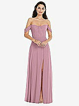 Front View Thumbnail - Dusty Pink Off-the-Shoulder Draped Sleeve Maxi Dress with Front Slit