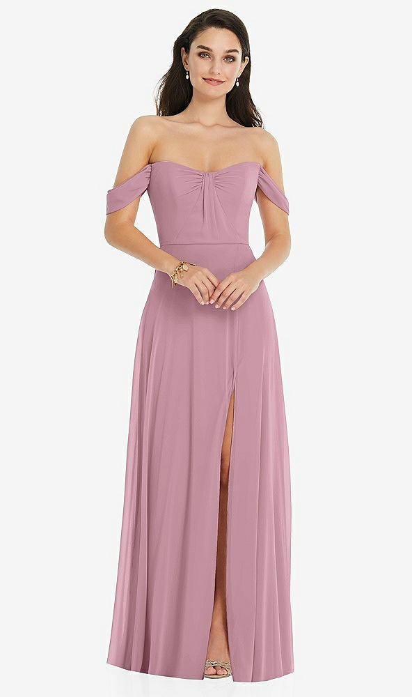 Front View - Dusty Pink Off-the-Shoulder Draped Sleeve Maxi Dress with Front Slit