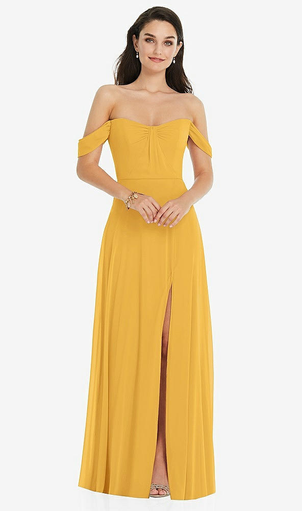 Front View - NYC Yellow Off-the-Shoulder Draped Sleeve Maxi Dress with Front Slit