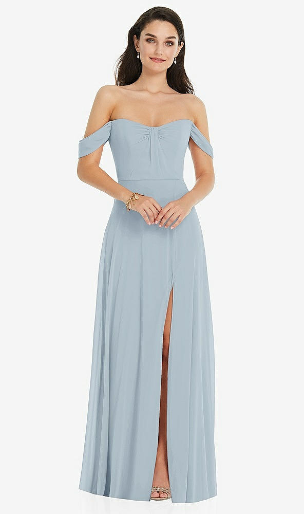 Front View - Mist Off-the-Shoulder Draped Sleeve Maxi Dress with Front Slit